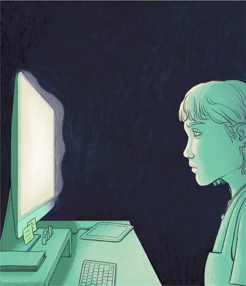 Hand-drawn comic looking at a creator staring at a bright computer screen in a dark room.