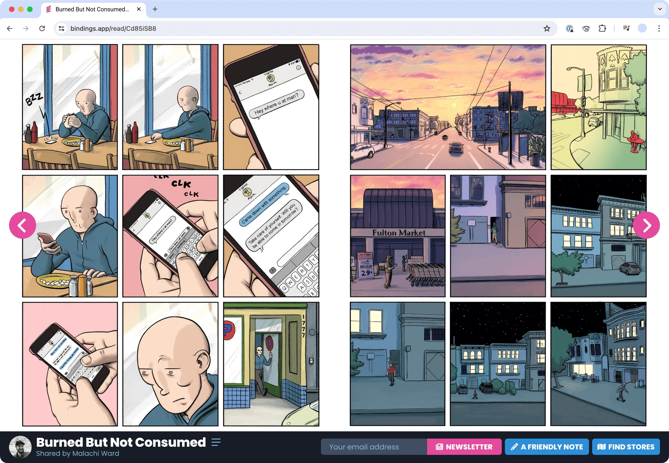 Comic reader interface showing bright pink navigation arrows and an action bar with a newsletter signup form, friendly note button, and find stores button