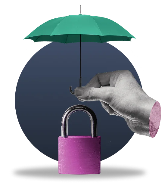 Horrific illustration of a severed hand daintily holding a tiny umbrella over top of a bright pink padlock