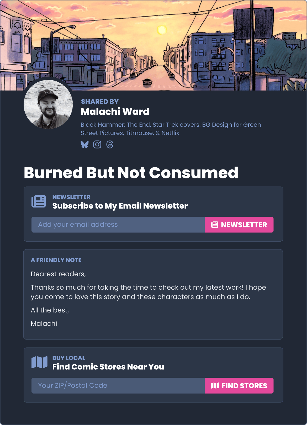 Informational card showing author name, avatar, short bio, and social media longs alongside actions for newsletter signup, finding a local comic store, and a friendly note